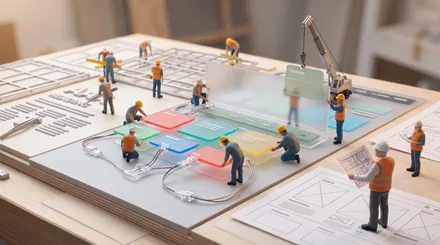 Professionisti in miniatura costruiscono e collegano i moduli di un prodotto digitale