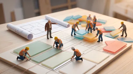 Un gruppo di professionisti in miniatura organizza idee e priorità su una mappa di progetto