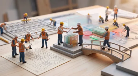Due gruppi di professionisti in miniatura collaborano allo stesso prodotto digitale